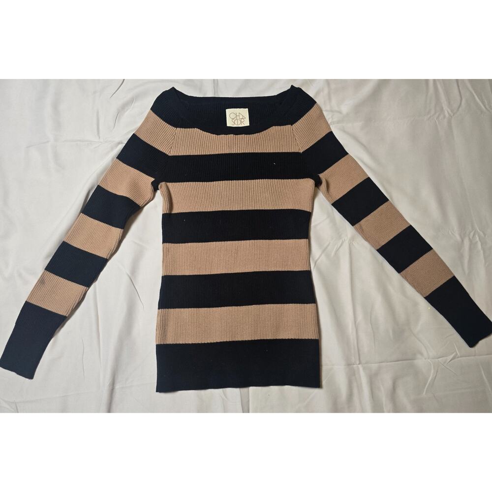 Chaser Rib Knit Stripe Sweater Small Black Terra Boat Neck 100% Cotton NWT - Picture 3 of 8